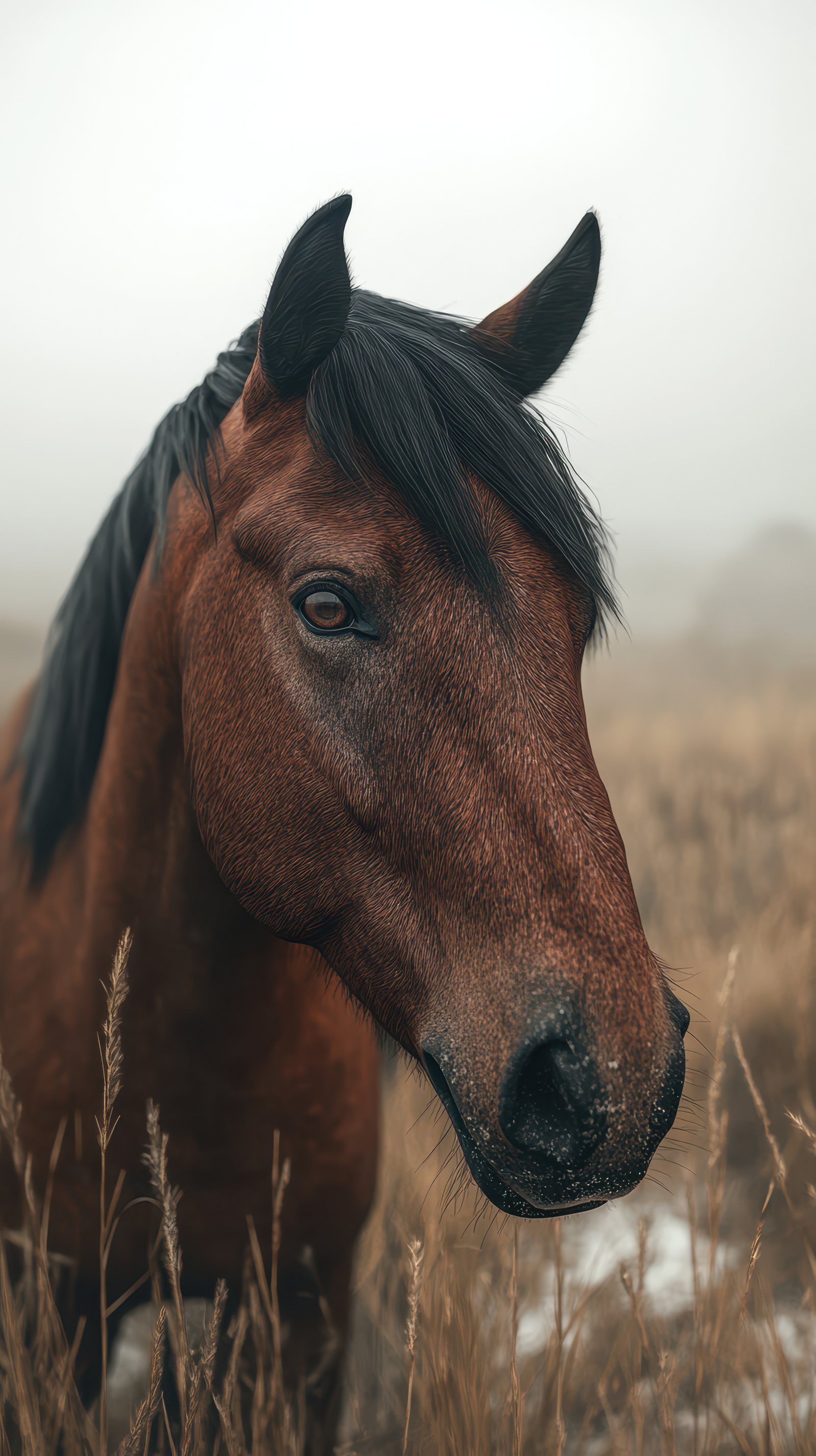 Majestic brown horse standing in a misty field during early morning hours